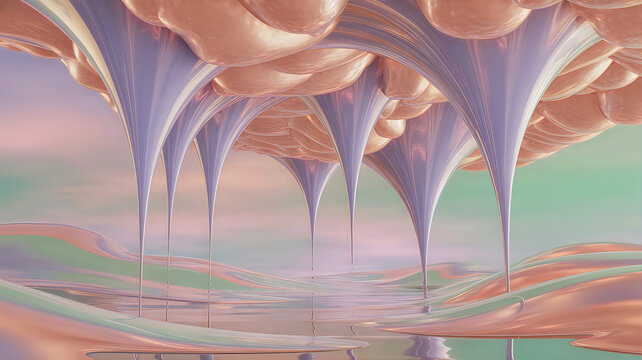 Surreal abstract landscape with translucent, dripping arches and iridescent, flowing ground surreal landscape