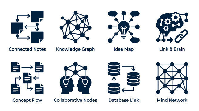Set of eight flat vector icons representing data connection and information network concepts.