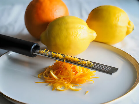 Citrus zest being grated from lemons and orange onto a plate.