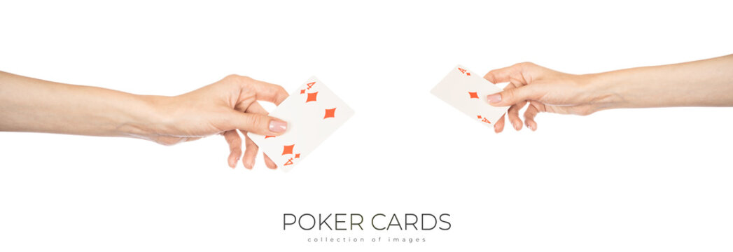 Playing cards in hand isolated on white background