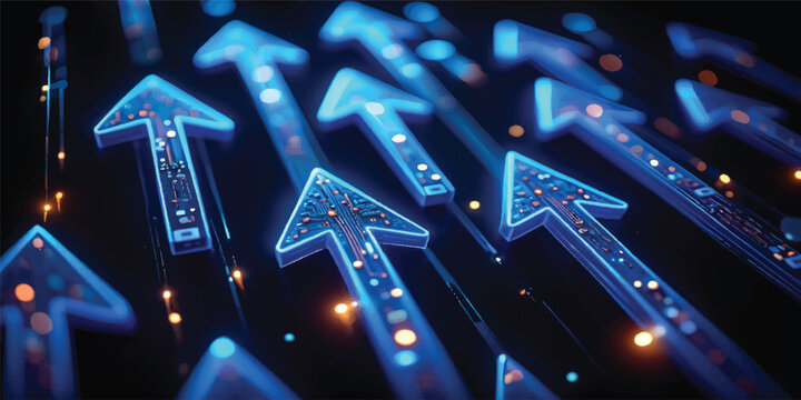 A macro closeup reveals blue fiber optic cables with light spots connected to a digital circuit board and semiconductor processor chip for advanced computer engineering hardware