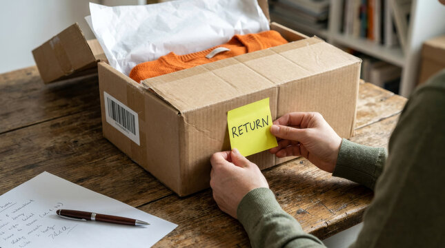E-commerce product return process, hands sticking yellow note on cardboard box, online shopping customer returning orange clothing item