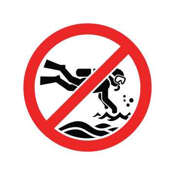 No scuba diving allowed sign with a black diver icon inside a red circle symbol isolated on transparent background