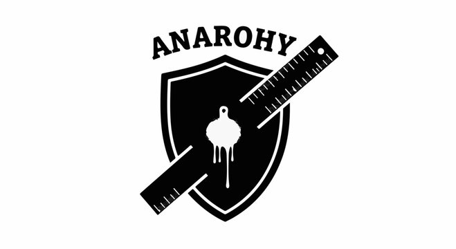 Symbol of anarchy with a shield and ruler, representing rebellion and disruption.
