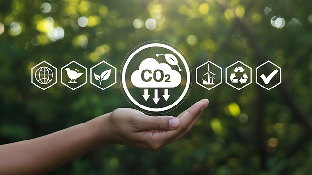 Conceptual image of hand holding carbon dioxide reduction icons against lush green forest background focusing on net zero goals.