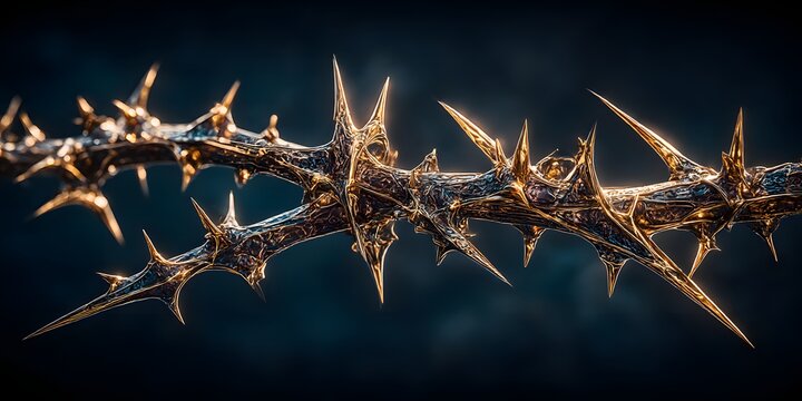 Golden thorn branch close up on dark background