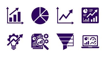 Set of purple business and finance icons depicting growth, analysis, and strategy concepts for presentations © Suro