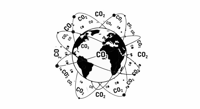 Carbon dioxide molecules orbit planet Earth, illustrating global warming and climate change concerns.