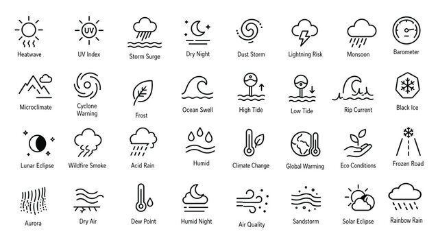 Assortment of hand-drawn weather icons and elements with clear sky white background weather map meteorology forecast hurricane temperature atmosphere collection isolated environment