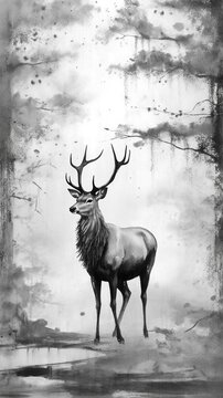 A majestic ink painting of a stag standing in forest stillness.