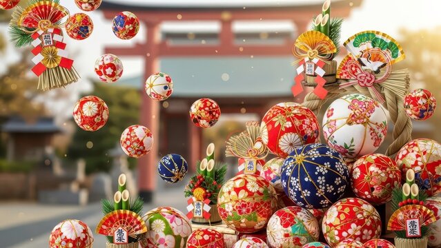  Traditional Japanese temari balls and kadomatsu decorations arranged outdoors near a torii gate. Festive cultural celebration concept with colorful flying ornamental spheres.