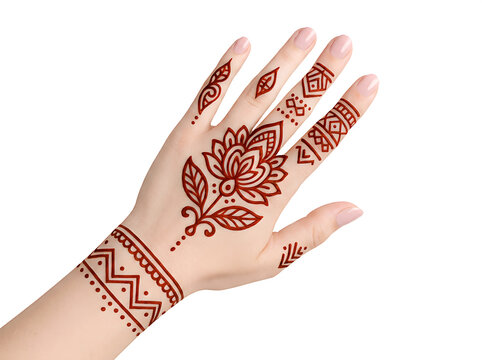 Traditional Henna Mehndi Design with Geometric and Floral Patterns on Hand