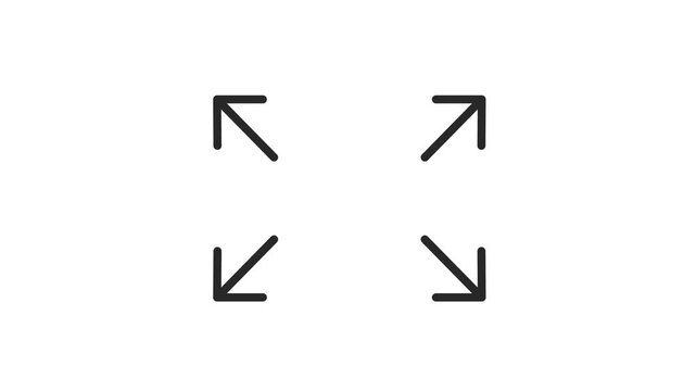Minimal Four Direction Arrow Icon Animation On White Background. 4 Directional Arrows Positioned In The Corners Pointing Outward. Simple Black Line.  Expansion, Resize, or Full screen. 