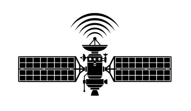 Satellite silhouette with solar panels and signal waves vector illustration isolated on white background