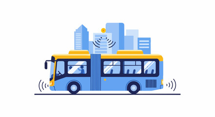 Naklejka premium Autonomous Electric Smart Bus Illustration in Connected City with Wireless IoT Sensors and Urban Skyline Background