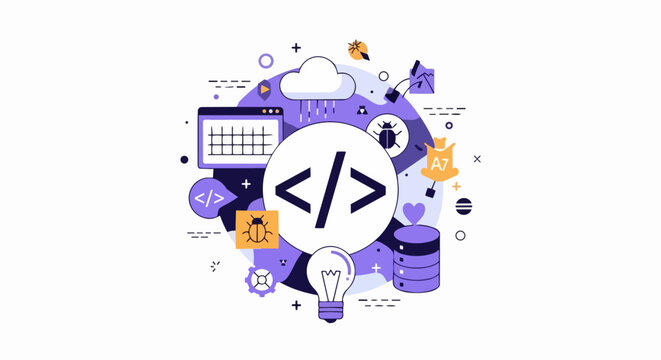 Software Development and Programming Concept Illustration featuring Code Icons, Web Design, Cloud Computing, Debugging, and IT Infrastructure Elements