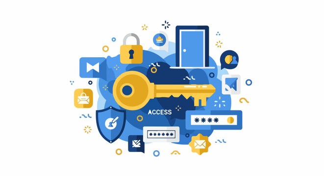 Cybersecurity and Digital Access Concept Illustration with Key, Lock, and Password Symbols