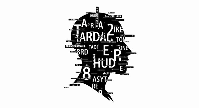 Silhouette of a human head filled with words and numbers, representing thoughts and ideas.
