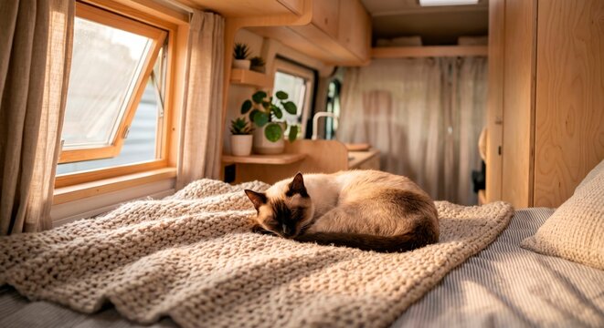 A cute Siamese cat sleeps peacefully on a cozy knitted blanket inside a modern camper van. Warm sunlight streams through the open window, highlighting the relaxing van life.