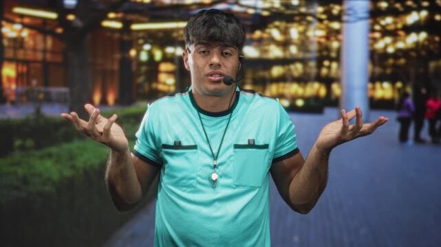 Man referee young hispanic wearing whistle and headset shrugs hands on busy urban street outside lit building at night; uncertainty doubt.