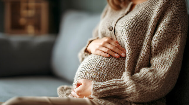 Pregnant woman in cozy sweater holding her belly with love and care