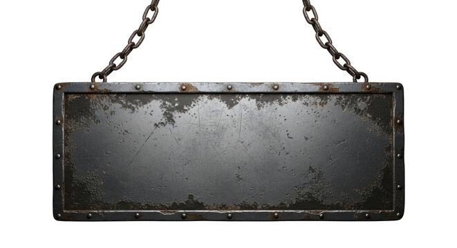 A weathered, rectangular metal sign hangs from a chain. The sign has a dark, textured surface with visible rust and imperfections.