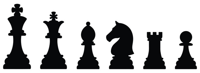 Chess icons king queen pawn horse and rook pieces set, strategy board game symbols isolated on white background vector illustration. © MASUD MOMENA
