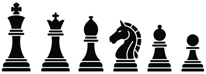 Chess icons king queen pawn horse and rook pieces set, minimal strategy game symbols isolated vector illustration for chess design and concepts. © MASUD MOMENA
