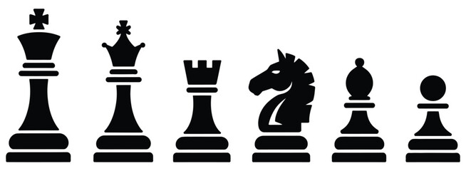Chess icons king queen pawn knight and rook pieces set, classic strategy board game elements for competition and tactics vector illustration. © MASUD MOMENA