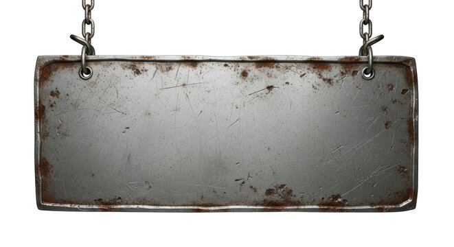 A weathered, rectangular metal sign hangs from a chain. The sign's surface is heavily rusted and scratched, suggesting age and exposure to the elements.