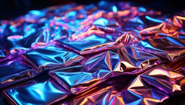 reflection of light on holographic foils with neon lighting