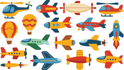 Colorful Cartoon Kids Aircraft and Aviation Icon Set with Planes, Helicopters, Rockets, and Hot Air Balloons for Design © sojibislam