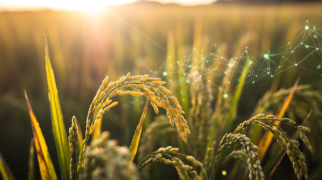 Close-up of ripe rice grains in a field at sunrise with a glowing abstract network, symbolizing agricultural technology and innovation.