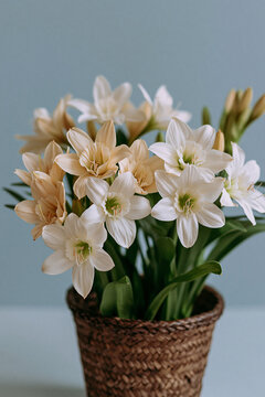 Studio shot of blooming yellow and white flowers in a wicker pot against a muted blue background.
