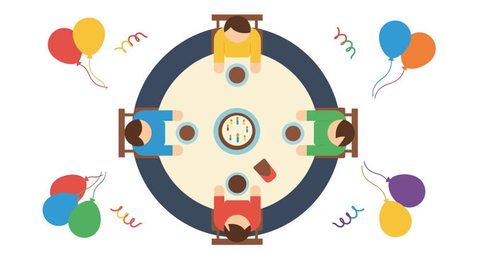 Top view of round dining table with people and balloons on transparent background