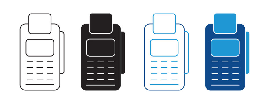 Card machine icon set payment terminal system symbols in outline and solid style vector illustration collection
