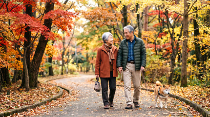 Fototapeta premium 紅葉の公園を犬と散歩する夫婦
