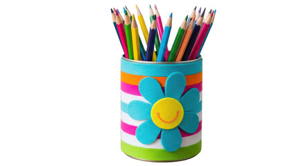 Fototapeta premium Colorful pencil holder with flower design and colored pencils isolated on transparent background