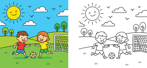 Obraz premium Kids Playing Soccer Illustration and Coloring Book Page Set, Boy and Girl Playing Football Outdoors with Goalpost and Ball, Children's Sports Hobby and Educational Activity Vector Graphic