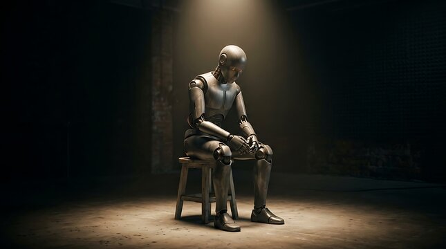 A lonely metallic robot sitting on a wooden stool in a dark room under a spotlight