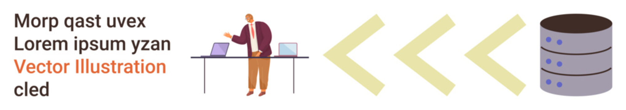Cloud services, data migration, IT solutions, digital transformation, remote work, network storage. Man working on laptops connected to arrows pointing to servers. Data migration and cloud services