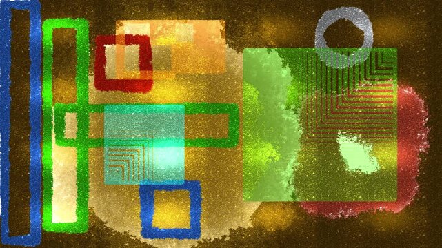 Opera astratta con forme geometriche sovrapposte, texture digitali e colori luminosi che evocano un&rsquo;estetica tecnologica e moderna