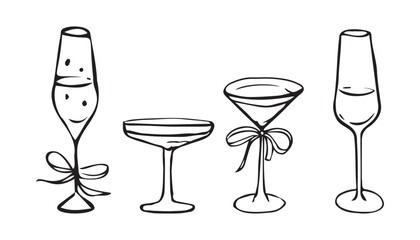 Line art set of champagne glasses, coupe, martini with bow ribbons. Doodle cocktail sketch, wedding drink icons, hand drawn, black white, isolated, celebration clipart © Evgeniya Platonova