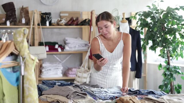 Young woman buyer scanning qr code for trousers in clothing store