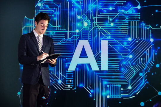 Speaker presents artificial intelligence AI concepts at a technology conference