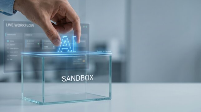 AI-native business - A hand places an AI icon into a sandbox, representing safe testing and controlled development in a secure, isolated environment.