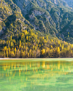 Autumn forest reflection at Lago di Carezza in Dolomites Italy