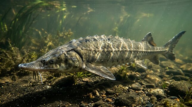 sturgeon swimming in crystal clear water