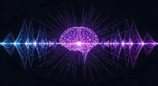 Artificial intelligence digital brain with glowing neural network, futuristic human mind with frequency sound waves, purple and blue data visualization