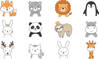 Fototapeta premium Cute Animal Head Illustration Set with Fox, Bear, Lion, Penguin, Rabbit, Panda, Sloth, Hippo, Deer, Cat, and Giraffe for Kids’ Designs